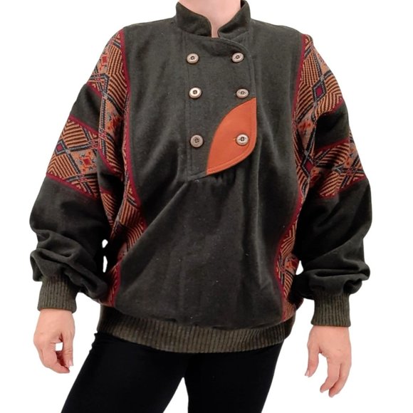 VTG 80s Sondre Poland Swix Sport Green Wool Blend Winter Skiing Sweater Buttons - Picture 3 of 12